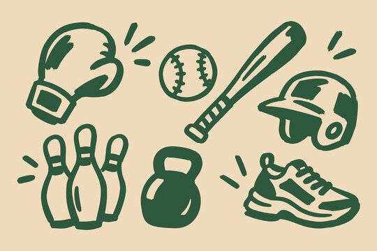 Sports Equipment Hand Drawn Baseball and Fitness Set