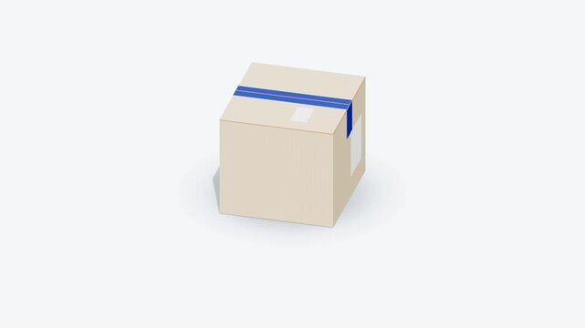 Minimalist beige cardboard box sealed with bright blue tape rotating smoothly on plain light studio surface showing fast delivery logistics e-commerce parcel shipping motion clip.