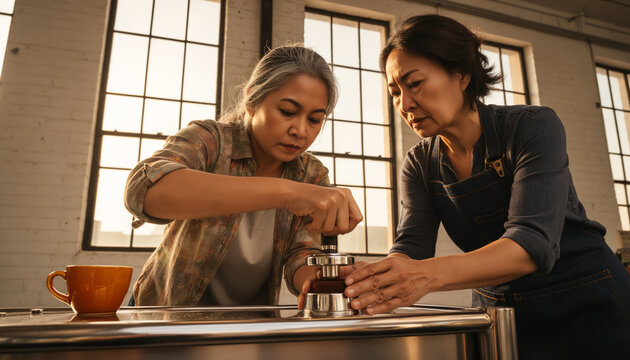 Two baristas preparing fresh filter coffee using french press on service cart inside sunlit room with soft warm morning light and side copy space