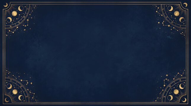 Elegant dark blue frame featuring gold moon phase and star ornamentation in corners celestial astrology background mystical template ornamental