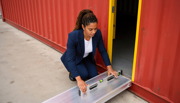 Logistics manager installing aluminum loading ramp at red cargo shipping container doorway during freight inspection with high angle view daylight and side copy space