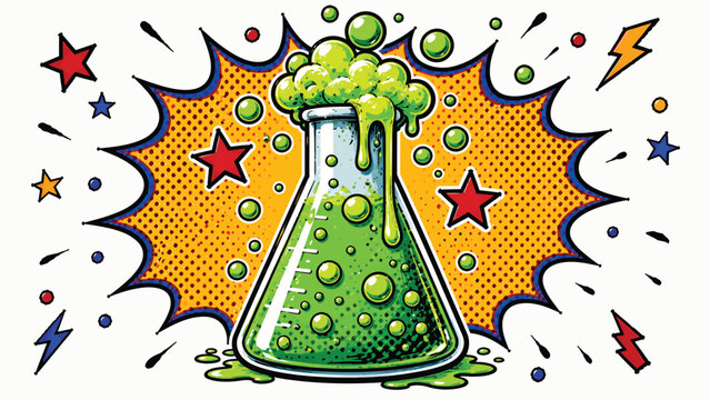 Dynamic green cartoon laboratory flask with bubbling liquid and colorful comic burst, representing chemistry, experiments, science, research, and innovation