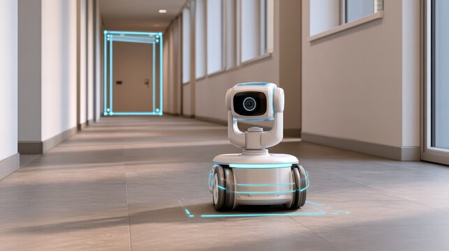Modern robotic assistant navigating a sleek corridor with futuristic design elements and ambient lighting for technology themes