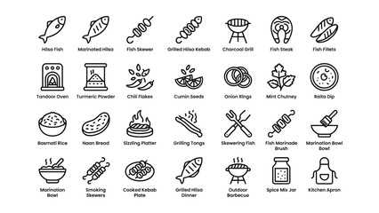 Fototapeta premium Collection of Icon Illustrations Showing Various Fish Dishes and Cooking Tools with Spices and Ingredients