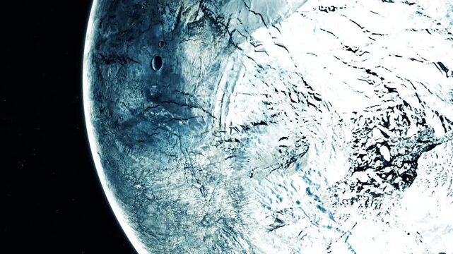 Close-up view of a icy blue planet or moon floating in deep space with a dark background and detailed cratered surface