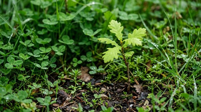 A close-up shot of a small, bright green oak sapling sprouting from the ground. The sapling features distinct lobed leaves and is surrounded by lush green grass, patches of clover, and da