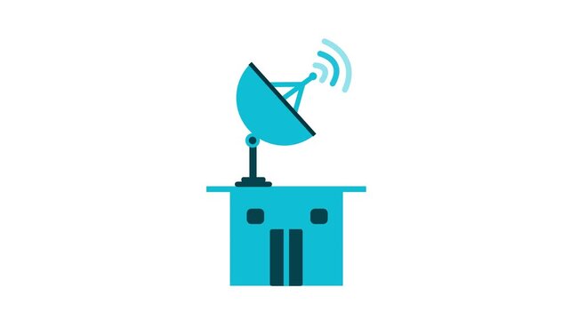 Simple flat icon of a building with a satellite dish sending wireless signal animation