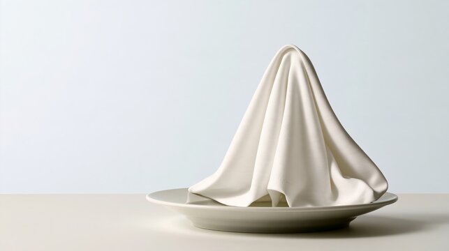 Table Setting funny photo: a folded napkin on a plate shaped like a small tent, bright white background.