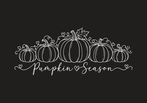 Pumpkin Season Hand-Drawn Fall Line Art Design with Hearts