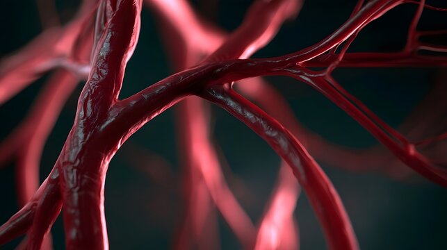 Close up view of branching red blood vessels with glossy surface and dark background  showing detailed vascular anatomy