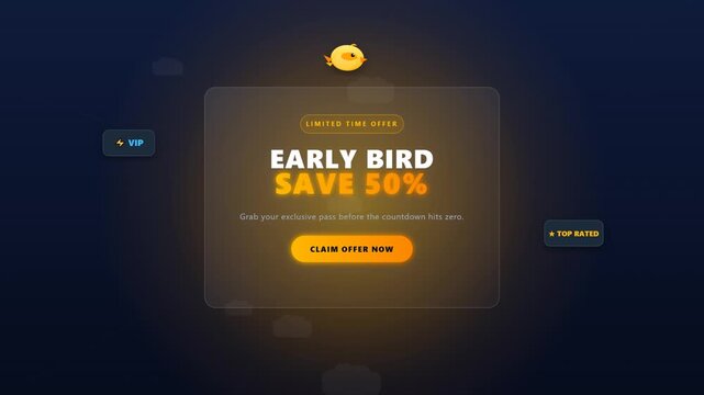 Animated yellow bird icon sits atop glowing dark banner displaying early discount offer text with interactive orange claim button on blue digital screen