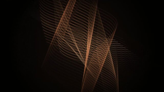 Abstract orange procedural 3D ribbed curve lines weaving through dark space in a parametric motion loop.