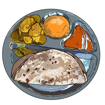 Hand drawn illustration of traditional Indian chapati flatbread. Stuffed or plain whole wheat roti sketch showing realistic texture and brown heat spots. with curry.
