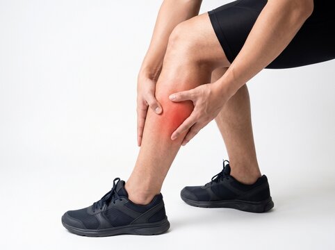 Man Holding Calf in Pain, Gastrocnemius Muscle Highlighted in Red, Medical Illustration
