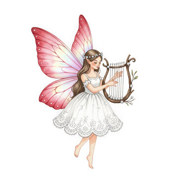 Fairy girl playing harp watercolor illustration