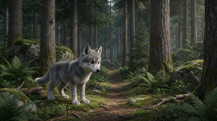 Fototapeta premium Little wolf cub standing on a forest path in a lush evergreen woodland