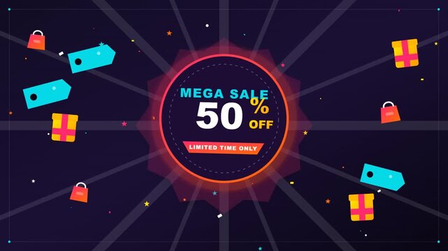 Animated mega sale banner features 50 percent off discount text inside circular frame while colorful gift boxes price tags and shopping bags float dynamically