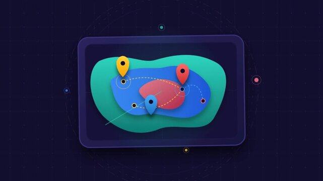 Animated digital navigation map with route planning pins and laser