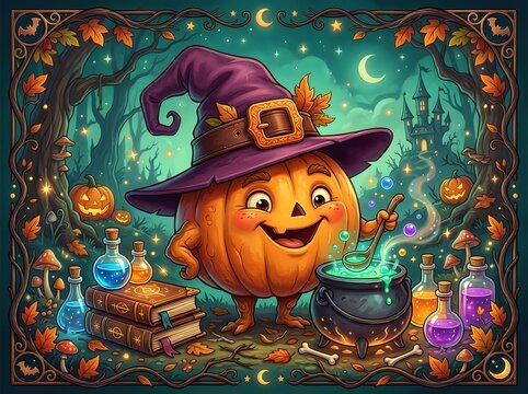 Whimsical Animated Pumpkin Witch Casting Magic in Enchanted Halloween Forest with Glowing Potions and Mystical Elements