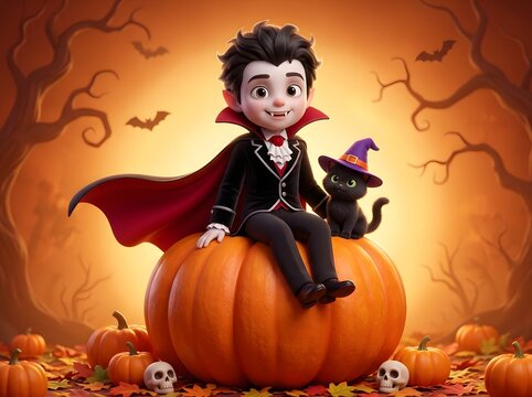 Whimsical Cartoon Boy Vampire in Tuxedo Sitting on Giant Pumpkin with Black Cat Companion Amidst Spooky Autumn Decor