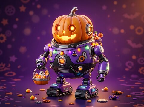 Whimsical Cyberpunk Jack-O'-Lantern Robot Delivering Glowing Treats Amidst Sparkling Halloween Candy Chaos