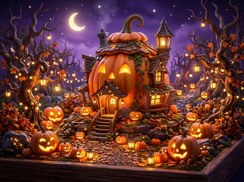 Whimsical Enchanted Halloween Pumpkin House Diorama Glowing with Warm Jack O Lanterns and Mystical Nighttime Forest Atmosphere