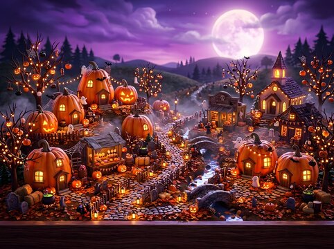 Whimsical Enchanted Halloween Village Glowing with Jack-O'-Lanterns, Ghostly Figures, and Mystical Nighttime Atmosphere