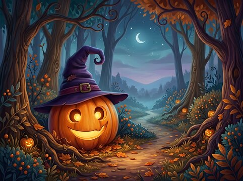Whimsical Enchanted Jack-O-Lantern Witch Hat Forest Scene with Glowing Pumpkin and Mystical Night Sky