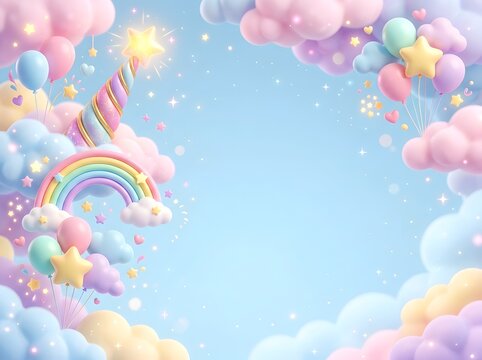 Whimsical Fantasy Sky with Magical Unicorn Horn, Pastel Balloons, Rainbow Arcs, and Sparkling Clouds for Dreamy Decorations