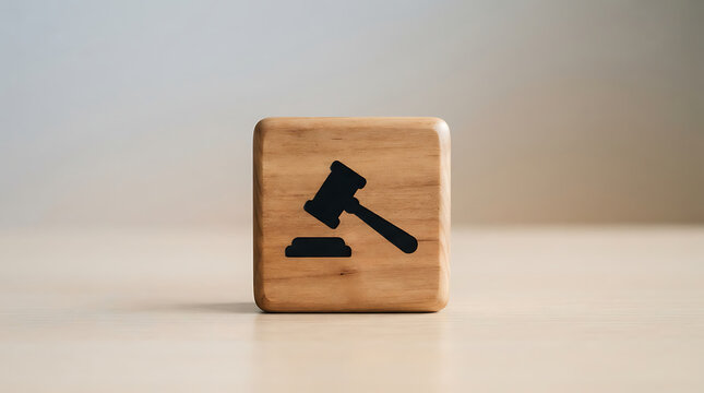 Wooden block with a law gavel icon sign