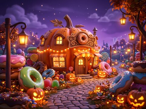 Whimsical Glowing Donut Cottage Enchanted by Jack-O'-Lanterns and Sweet Treats Under Starry Night Sky