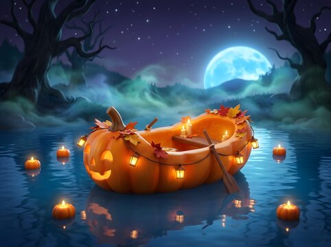 Whimsical Glowing Jack O Lantern Boat Floating on Enchanted Moonlit Lake with Candles and Autumn Leaves