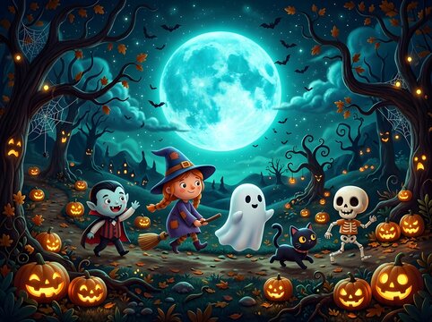 Whimsical Halloween Forest Gathering Featuring Witch, Vampire, Ghost, Skeleton, and Black Cat Under Glowing Moonlit Sky
