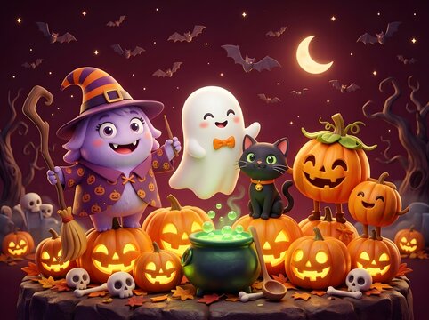 Whimsical Halloween Gathering Featuring a Smiling Witch, Ghost, Black Cat, Jack-O'-Lanterns, and Glowing Cauldron Under a Moonlit Sky