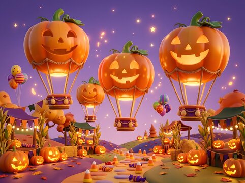Whimsical Halloween Hot Air Balloons Floating Over Magical Glowing Pumpkin Village with Sparkling Night Sky