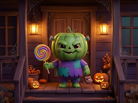 Whimsical Halloween Jack-O'-Lantern Monster Playfully Holding Colorful Swirled Lollipop on Spooky Porch with Lit Pumpkins