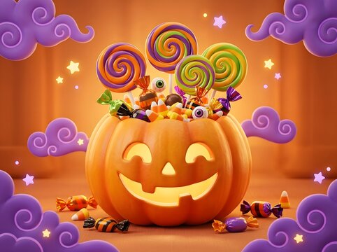 Whimsical Halloween Jack-O'-Lantern Overflowing with Colorful Candy and Playful Swirling Lollipops in Magical Purple Sparkle Atmosphere