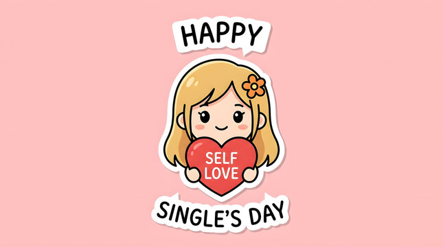 Cute cartoon girl holding a red heart with self love text for singles day love yourself mental health