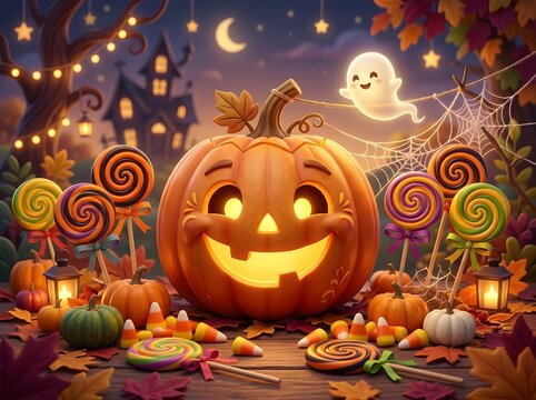 Whimsical Halloween Jack-O'-Lantern Celebrates with Glowing Smile, Colorful Candy, and Friendly Ghost Amidst Sparkling Lights and Autumn
