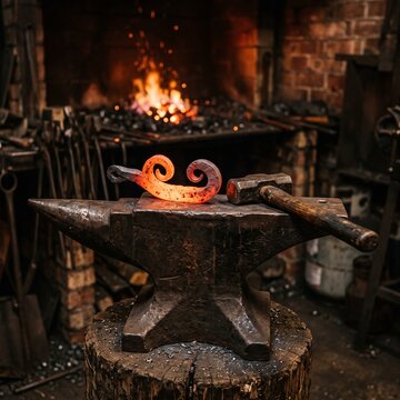 Glowing red hot forged iron scroll on traditional blacksmith anvil with heavy hammer and fiery furnace