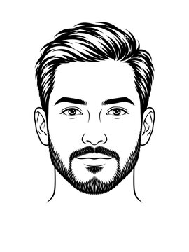 Minimalist black and white line art portrait of a bearded man with styled hair, clean facial features, and a modern vector illustration aesthetic.