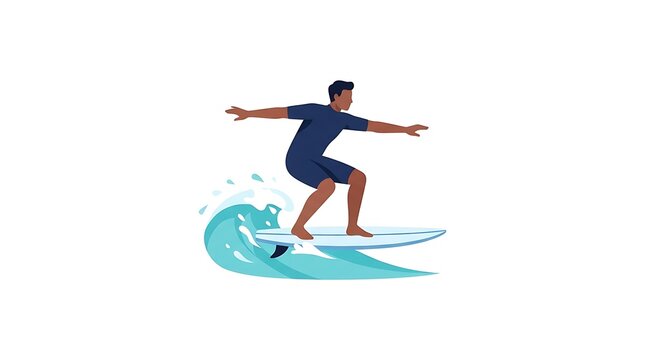 Modern Flat vector illustration of a surfer standing on a surfboard while riding a small ocean wave, maintaining balance with arms extended, isolated white background.