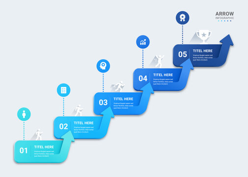 Infographic Staircase Step Business Growth timeline with 5 Step Arrow Process and Concepts for Success Diagram Background