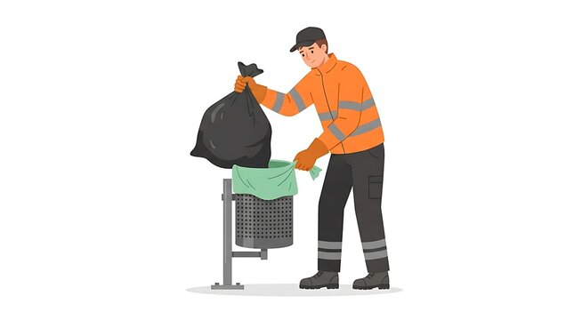 Modern Flat vector illustration of a sanitation worker replacing a full public trash bag with a clean bag, wearing protective gloves and reflective uniform.
