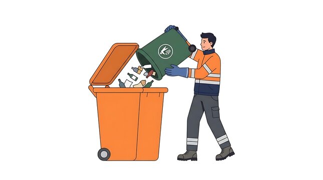 Modern Flat vector illustration of a sanitation worker emptying a public trash bin into a large collection container.