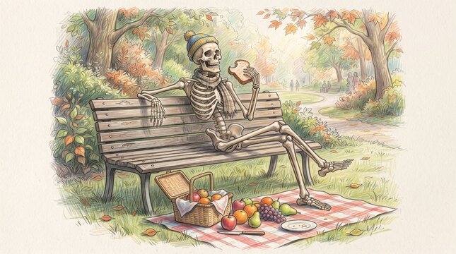 Friendly skeleton wearing a winter hat and scarf, eating a sandwich on a park bench during a autumn picnic with a fruit basket 