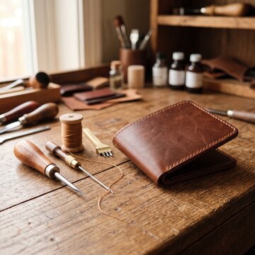 Handcrafted brown leather bifold wallet with stitching awl punch and thread on workbench
