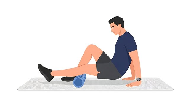 Modern Flat vector illustration of a male runner using a foam roller to recover after training, seated on the floor with one leg extended.