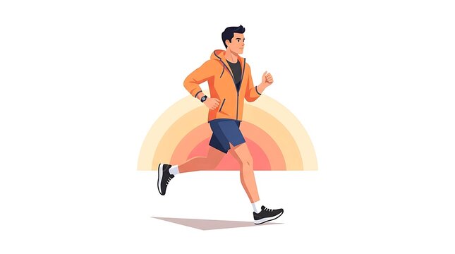 Modern Flat vector illustration of a male runner training at sunrise, wearing a lightweight jacket and running shoes, relaxed jogging posture, isolated white background.