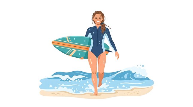 Modern Flat vector illustration of a female surfer emerging from the ocean after catching a wave, carrying her surfboard and smiling.